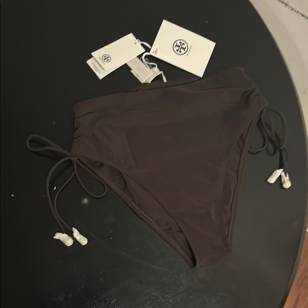 Tory Burch Brown High-Waisted Brown Bikini Bottom with Gold Accents Balls